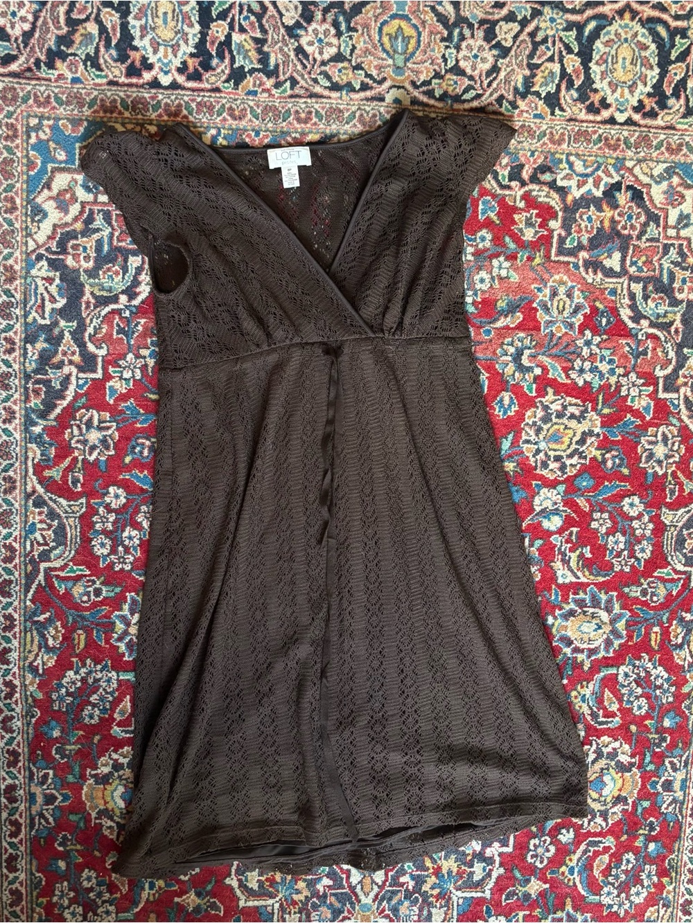 LOFT Black Lace/Crochet Style V-Neck Short Sleeve Empire Waist Dress